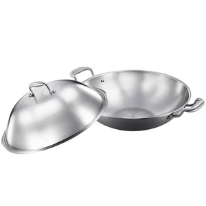 NNEAGS 3-Ply 38cm Stainless Steel Double Handle Wok Frying Fry Pan Skillet with Lid