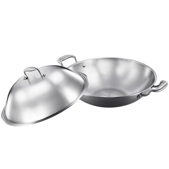 NNEAGS 3-Ply 38cm Stainless Steel Double Handle Wok Frying Fry Pan Skillet with Lid