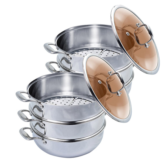 NNEAGS 2X 3 Tier 26cm Heavy Duty Stainless Steel Food Steamer Vegetable Pot Stackable Pan Insert with Glass Lid