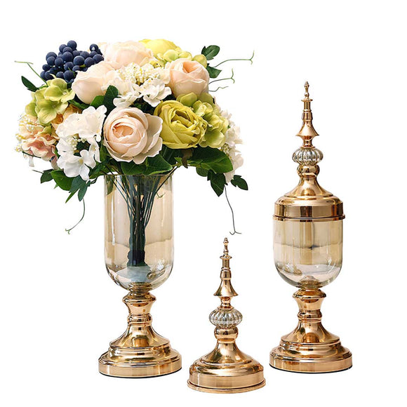 NNEAGS 2X Clear Glass Flower Vase with Lid and White Flower Filler Vase Gold Set