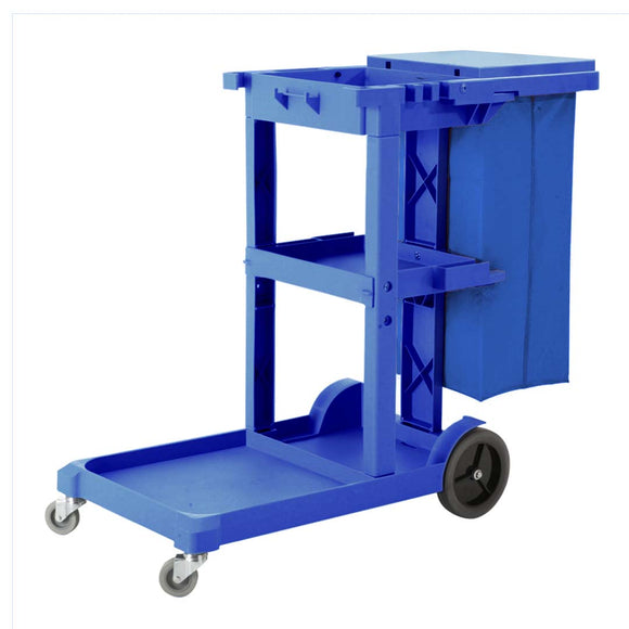 NNEAGS 3 Tier Multifunction Janitor Cleaning Waste Cart Trolley and Waterproof Bag with Lid Blue