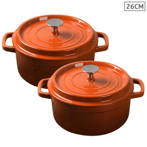 NNEAGS 2X Cast Iron 26cm Enamel Porcelain Stewpot Casserole Stew Cooking Pot With Lid Orange
