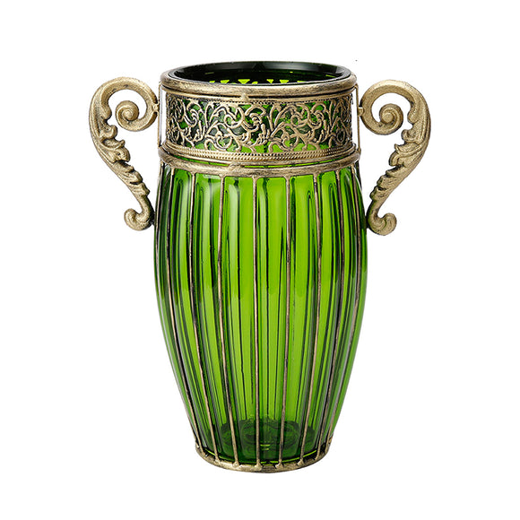 NNEAGS Green European Colored Glass Home Decor Jar Flower Vase with Two Metal Handle