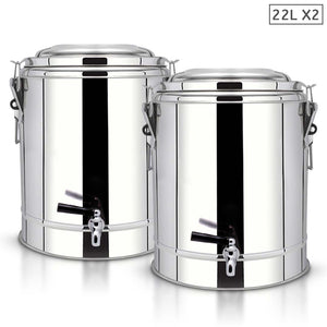 NNEAGS 2X 22L Stainless Steel Insulated Stock Pot Dispenser Hot & Cold Beverage Container With Tap