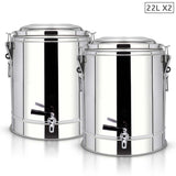NNEAGS 2X 22L Stainless Steel Insulated Stock Pot Dispenser Hot & Cold Beverage Container With Tap