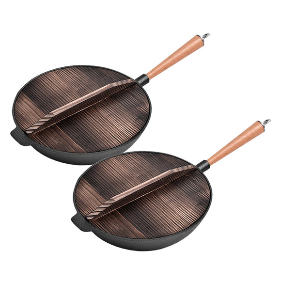 NNEAGS 2X 31cm Cast Iron Wok FryPan Fry Pan with Wooden Lid