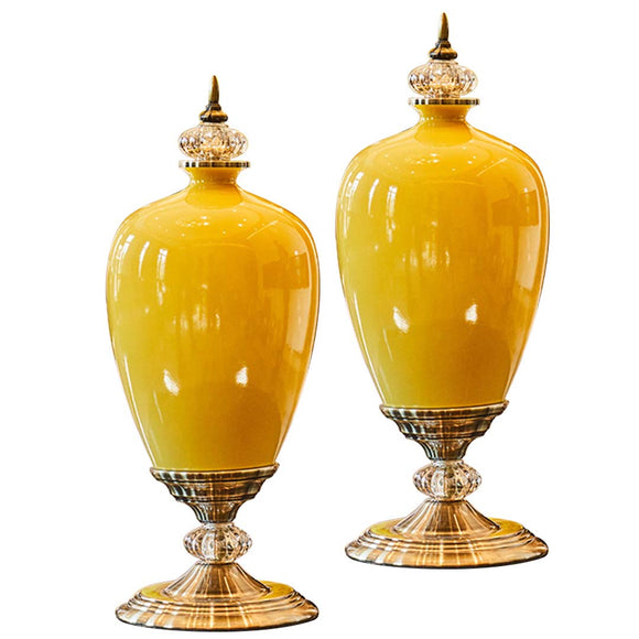NNEAGS 2X 42cm Ceramic Oval Flower Vase with Gold Metal Base Yellow