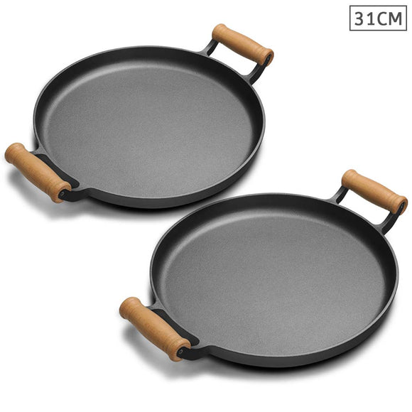 NNEAGS 2X 31cm Cast Iron Frying Pan Skillet Steak Sizzle Fry Platter With Wooden Handle No Lid
