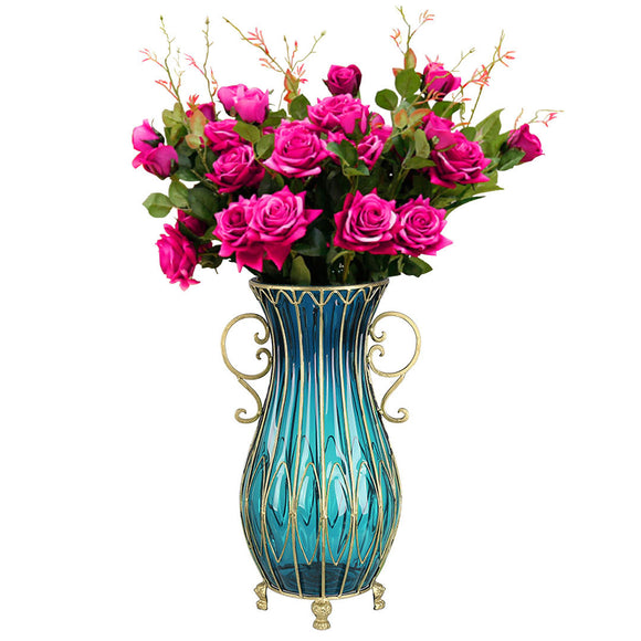 NNEAGS 51cm Blue Glass Tall Floor Vase with 12pcs Artificial Fake Flower Set