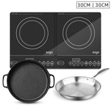 NNEAGS Dual Burners Cooktop Stove, 30cm Cast Iron Frying Pan Skillet and 30cm Induction Fry Pan