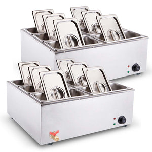 NNEAGS 2X Stainless Steel 6 X 1/3 GN Pan Electric Bain-Marie Food Warmer with Lid