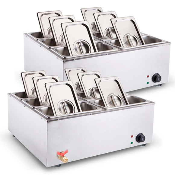 NNEAGS 2X Stainless Steel 6 X 1/3 GN Pan Electric Bain-Marie Food Warmer with Lid