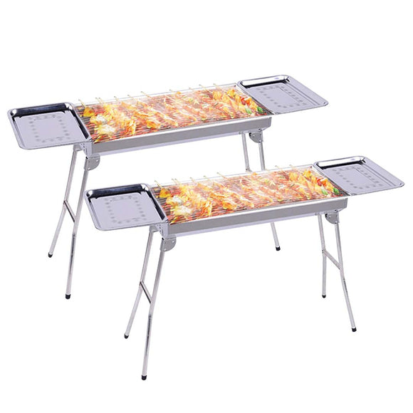 NNEAGS 2X Skewers Grill with Side Tray Portable Stainless Steel Charcoal BBQ Outdoor 6-8 Persons
