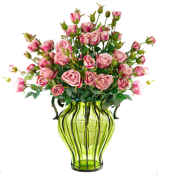NNEAGS Green Colored Glass Flower Vase with 10 Bunch 6 Heads Artificial Fake Silk Rose Home Decor Set