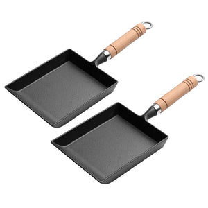 NNEAGS 2X Cast Iron Tamagoyaki Japanese Omelette Egg Frying Skillet Fry Pan Wooden Handle