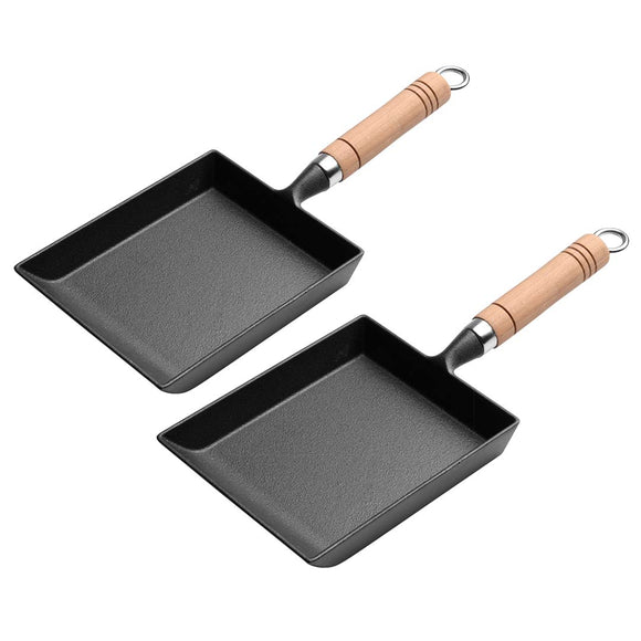 NNEAGS 2X Cast Iron Tamagoyaki Japanese Omelette Egg Frying Skillet Fry Pan Wooden Handle