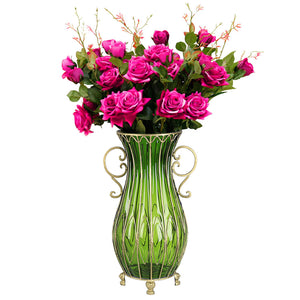 NNEAGS 51cm Green Glass Tall Floor Vase with 12pcs Artificial Fake Flower Set