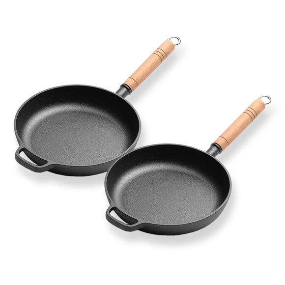 NNEAGS 2X 27cm Round Cast Iron Frying Pan Skillet Steak Sizzle Platter with Helper Handle