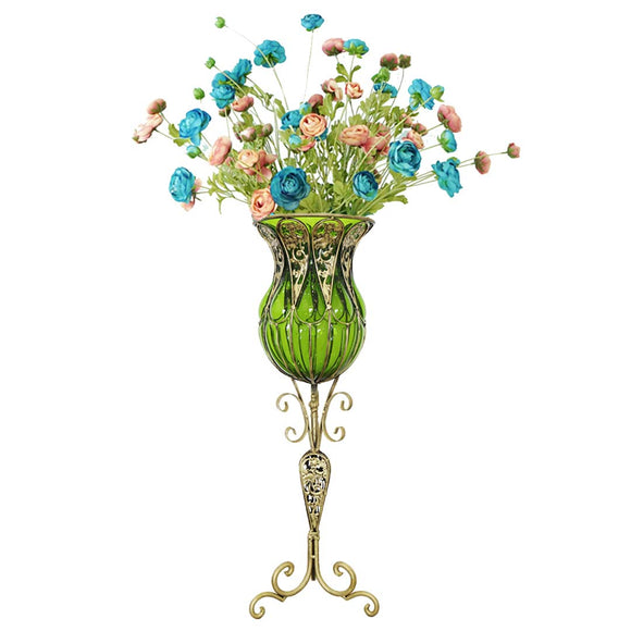 NNEAGS 85cm Green Glass Tall Floor Vase and 12pcs Blue Artificial Fake Flower Set
