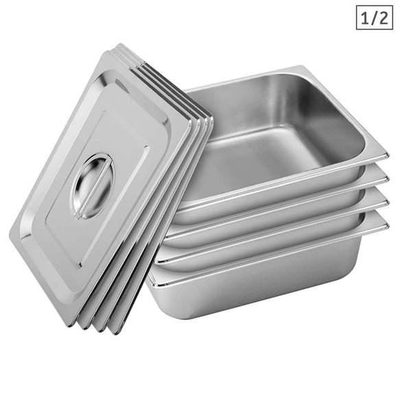 NNEAGS 4X GN Pan Full Size 1/2 GN Pan 10cm Deep Stainless Steel Tray With Lid