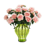 NNEAGS Green Colored Glass Flower Vase with 4 Bunch 9 Heads Artificial Fake Silk Rose Home Decor Set