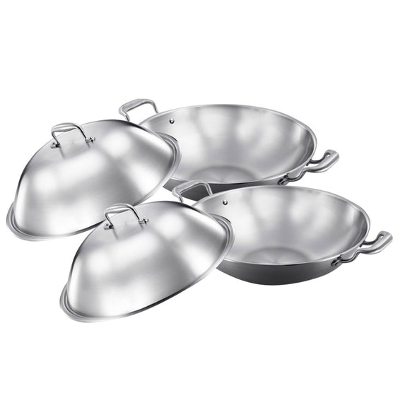 NNEAGS 2X 3-Ply 42cm Stainless Steel Double Handle Wok Frying Fry Pan Skillet with Lid