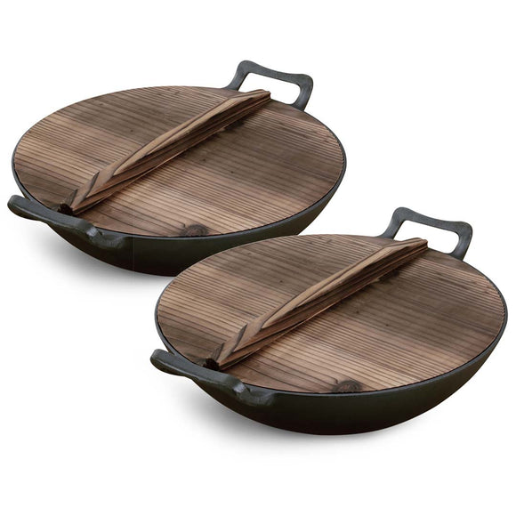 NNEAGS 2X 36CM Cast Iron Wok FryPan with Wooden Lid Fry Pan