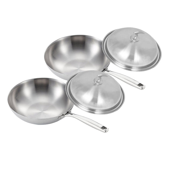 NNEAGS 2X 18/10 Stainless Steel Fry Pan 32cm Frying Pan Top Grade Cooking Skillet with Lid