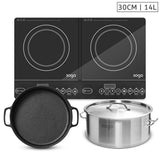 NNEAGS Dual Burners Cooktop Stove, 30cm Cast Iron Skillet and 14L Stainless Steel Stockpot