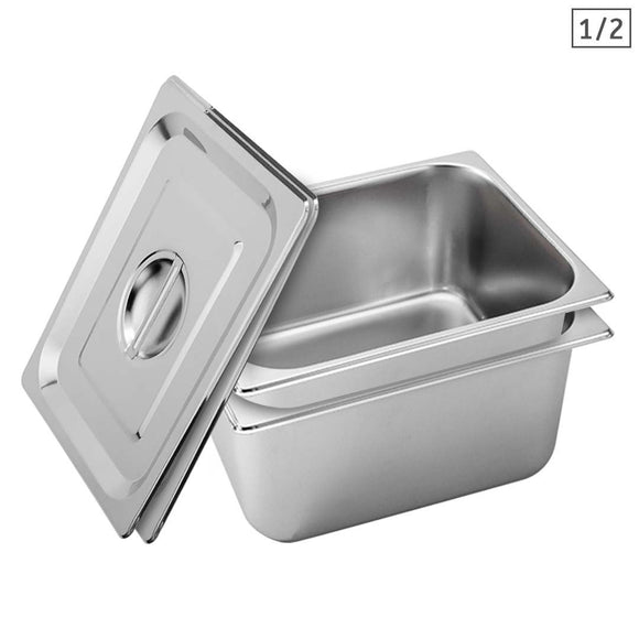 NNEAGS 2X GN Pan Full Size 1/2 GN Pan 20cm Deep Stainless Steel Tray With Lid