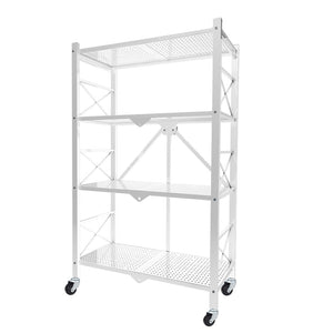 NNEAGS 4 Tier Steel White Foldable Display Stand Multi-Functional Shelves Portable Storage Organizer with Wheels