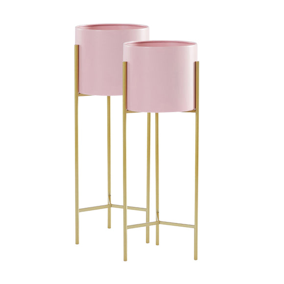 NNEAGS 2X 2 Layer 60cm Gold Metal Plant Stand with Pink Flower Pot Holder Corner Shelving Rack Indoor Display