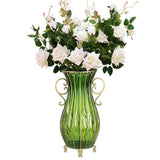 NNEAGS 51cm Green Glass Tall Floor Vase with 12pcs White Artificial Fake Flower Set