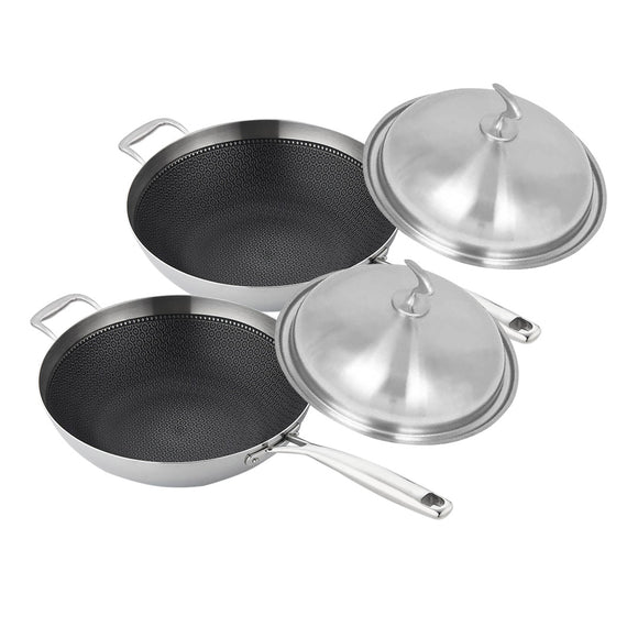 NNEAGS 2X 18/10 Stainless Steel Fry Pan 34cm Frying Pan Top Grade Textured Non Stick Interior Skillet with Helper Handle and Lid