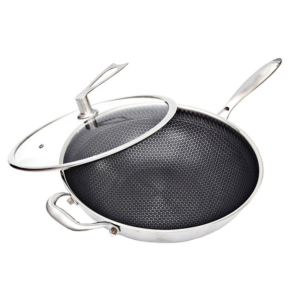NNEAGS 34cm Stainless Steel Tri-Ply Frying Cooking Fry Pan Textured Non Stick Skillet with Glass Lid and Helper Handle
