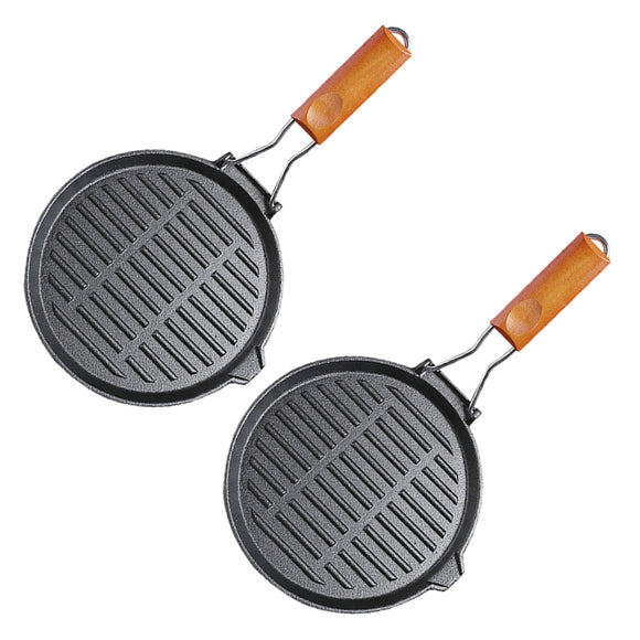 NNEAGS 2X 24cm Round Ribbed Cast Iron Steak Frying Grill Skillet Pan with Folding Wooden Handle