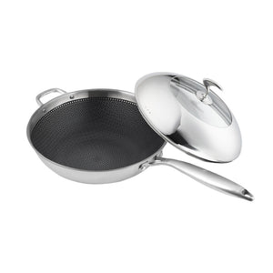 NNEAGS 18/10 Stainless Steel Fry Pan 32cm Frying Pan Top Grade Non Stick Interior Skillet with Helper Handle and Lid