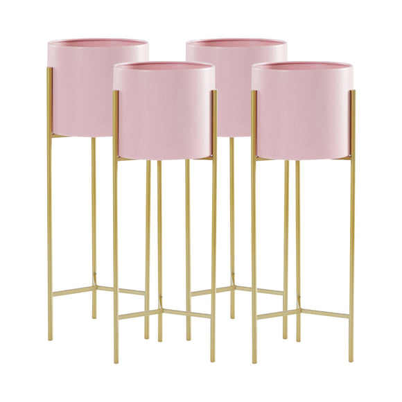 NNEAGS 4X 2 Layer 42cm Gold Metal Plant Stand with Pink Flower Pot Holder Corner Shelving Rack Indoor Display