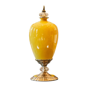 NNEAGS 42.50cm Ceramic Oval Flower Vase with Gold Metal Base Yellow