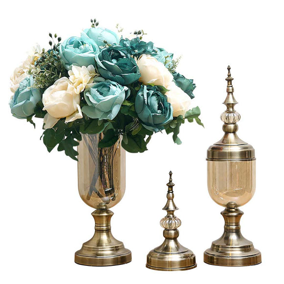NNEAGS 2X Clear Glass Flower Vase with Lid and Blue Flower Filler Vase Bronze Set