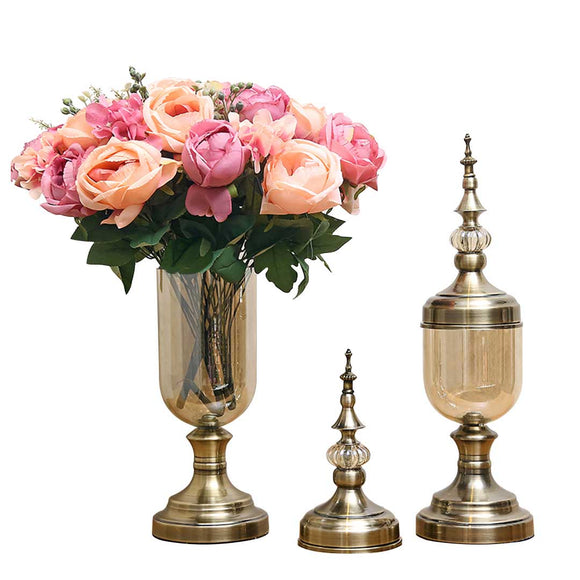 NNEAGS 2X Clear Glass Flower Vase with Lid and Pink Flower Filler Vase Bronze Set