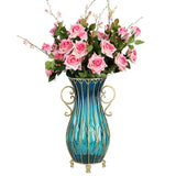 NNEAGS 51cm Blue Glass Tall Floor Vase with 12pcs Pink Artificial Fake Flower Set