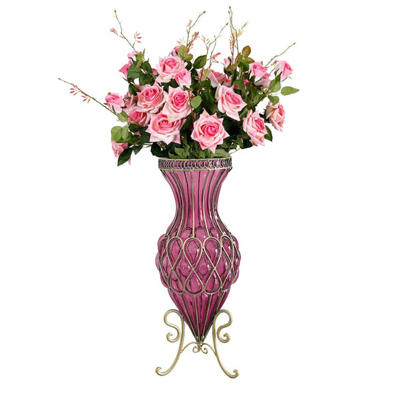 NNEAGS 67cm Purple Glass Tall Floor Vase and 12pcs Pink Artificial Fake Flower Set