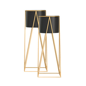 NNEAGS 2X 70cm Gold Metal Plant Stand with Black Flower Pot Holder Corner Shelving Rack Indoor Display
