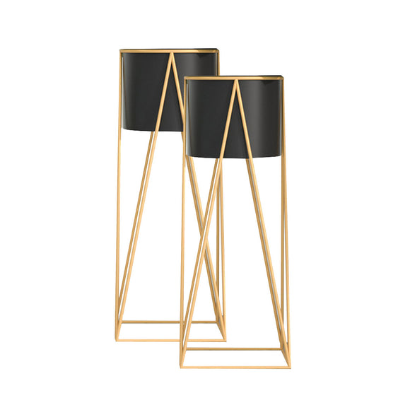 NNEAGS 2X 70cm Gold Metal Plant Stand with Black Flower Pot Holder Corner Shelving Rack Indoor Display