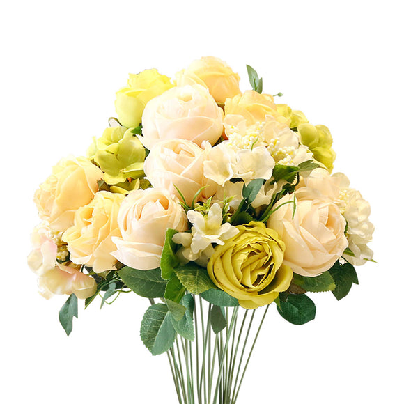 NNEAGS 3pcs Artificial Silk with 15 Heads Flower Fake Rose Bouquet Table Decor White