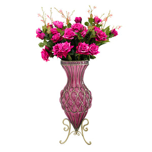 NNEAGS 67cm Purple Glass Tall Floor Vase and 12pcs Dark Pink Artificial Fake Flower Set