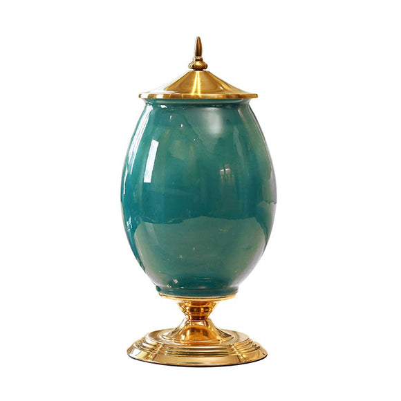 NNEAGS 40.5cm Ceramic Oval Flower Vase with Gold Metal Base Green