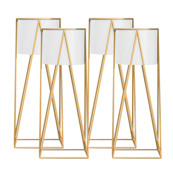 NNEAGS 4X 70cm Gold Metal Plant Stand with White Flower Pot Holder Corner Shelving Rack Indoor Display
