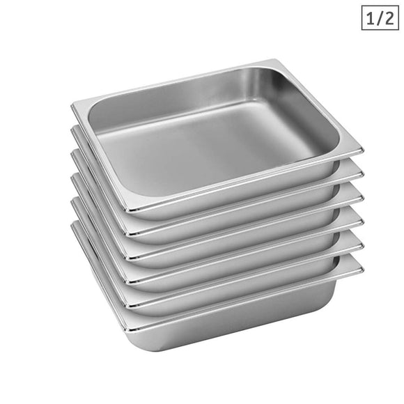 NNEAGS 6X GN Pan Full Size 1/2 GN Pan 6.5cm Deep Stainless Steel Tray